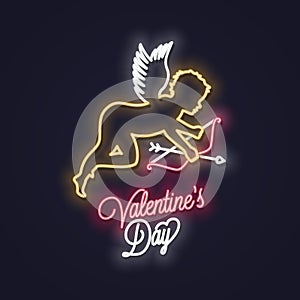 Valentines day neon sign. Cupid with bow and arrow neon banner