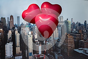 Valentines day in the New York city. Three red balloons in form of heart flying over Manhattan and skyscrapers. Ð¡oncept.