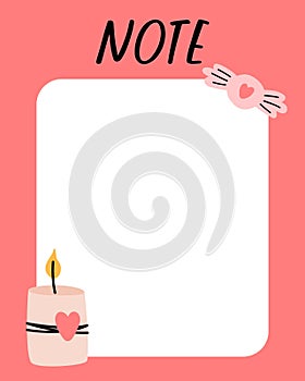 Valentines day notes list template. Organizer and Schedule with place for Notes. Good for Kids.