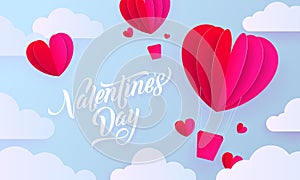Valentines day paper art greeting card of valentine heart hot air balloon on blue sky and white cloud pattern background. Vector H