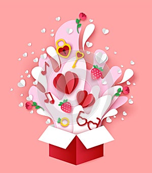 Valentines Day. Paper cut open gift box with hearts, strawberries, music notes, key from heart lock, vector illustration