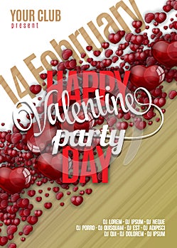 Valentines Day Party Flyer Background Design. Vector template of invitation with hearts, flyer, poster or greeting card