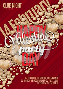 Valentines Day Party Flyer Background Design. Vector template of invitation with hearts, flyer, poster or greeting card