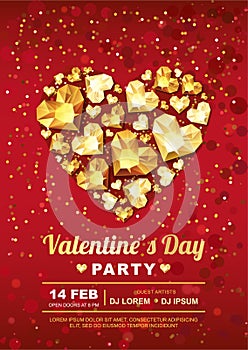 Valentines day party poster design template. Gold gem heart on red background.