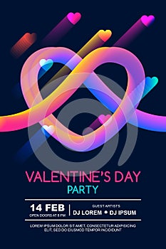 Valentines day party poster template. Abstract 3d colorful gradient liquid heart on black background.