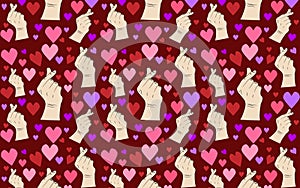 Valentines Day pattern of hearts and hands which is a korean gesture of heart and symbolizes love
