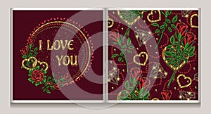 Valentines day pattern, label with hearts, roses