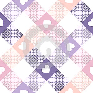 Valentines Day pattern with love hearts in pastel lilac, pink, white. Abstract geometric tartan buffalo check plaid for tablecloth