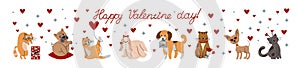 Valentines Day pets. Cartoon cat and dog characters. Animals in love. Cute puppies. Red heart. Romantic couples. Sweet