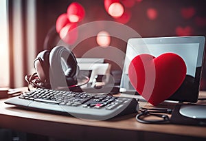 Valentines Day Phone Tablet PC Red Workplace Heart concept Headphones Keyboard Office