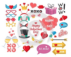 Valentines Day photo booth props, party decoration set, flat vector isolated illustration.