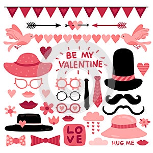 Valentines day photo booth props. Pink love wedding scrapbook elements, lips and mustaches. Glasses, tie and red heart