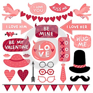 Valentines day photo booth props. Pink love wedding symbol, kiss and mustaches, female and male hat. Glasses, tie and