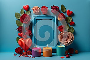 Valentines Day photo frame, candles hearts flowers roses on a blue background