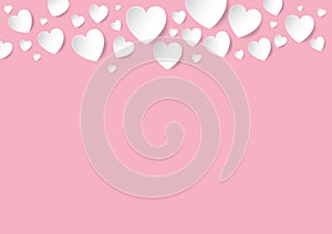 Valentines Day pink background with copy space and faling white vector paper hearts