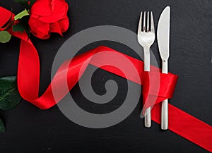 Valentines day place setting on black background