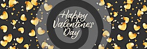 Valentines Day poster or banner template. Vector illustration. Black background with golden realistic 3d glass hearts