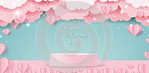 Valentines day Poster With Paper With Hearts And Podium