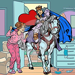 Valentines Day. A prince in love on a white horse galloped to a beautiful woman