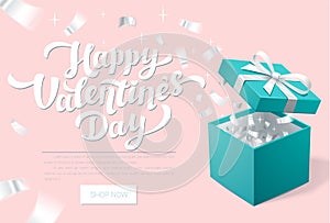 Valentines day Promo banner with Open Gift Box and silver Confetti. Happy valentines day. Turquoise jewelry box