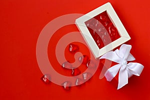 Valentines day red background, sweet heart and gift box