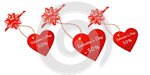 Valentines day red sale tag and label in form of heart with gift bow and ribbon isolated on white background