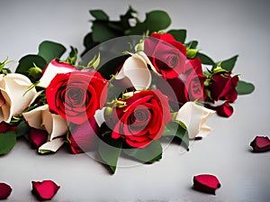Valentines Day: red wine roses hearts.