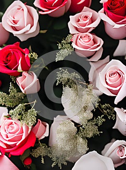 Valentines Day: red wine roses hearts.