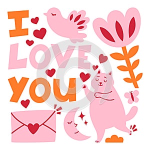 Valentines day romance greeting card with cat