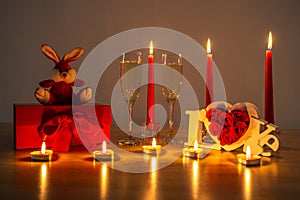 Valentines day romantic decoration with wine glasses