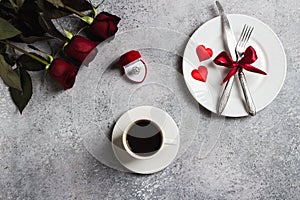 Valentines day romantic dinner table setting marry me wedding engagement ring