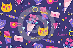 Valentines Day romantic elements seamless pattern cute abstract drawings boundless print background