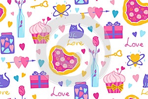 Valentines Day romantic elements seamless pattern cute abstract drawings boundless print background