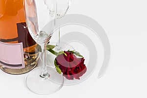 Valentines Day rose with champagne and flutes