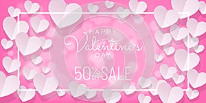 Valentines day sale background with paper cut, paper art style on pink background