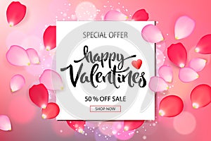 Valentines day sale background with roses petals, vector illustration. Banners, wallpaper, flyers, invitation, posters