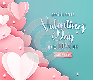 Valentines day sale background in trendy paper cut style. Paper clouds, hearts and realistic pearls border frame