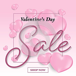 Valentines day sale background of Valentine`s Day sale and Shop now text with pink hearts on pink background.