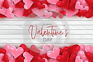 Valentines Day sale banner background with 3d pink and red hearts on wooden surface