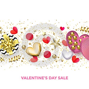 Valentines day sale banner background of hearts and gold glitter confetti or flower pattern. Vector Happy Valentine greeting card