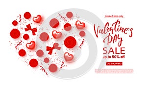 Valentines day sale banner. Beautiful Background with Hearts , bows, roses and serpentine. Vector illustration for