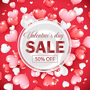 Valentines day sale banner design with heart shape ballons. Promotion and shopping template on red background vector illustration.