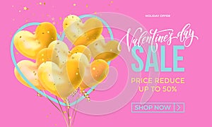 Valentines Day sale banner design template of heart papercard on pink background. Vector 14 February Valentine day holiday sale pr