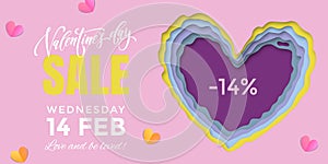 Valentines Day sale banner design template of heart papercard on pink background. Vector 14 February Valentine day holiday sale pr