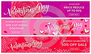 Valentines Day sale banner design template of pink red hearts and flower petals background. Vector 14 February Valentine day holid