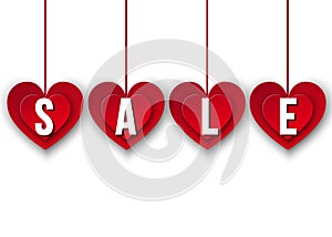 Valentines day sale banner hanging red cut paper hearts.