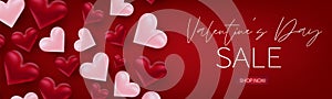 Valentines Day sale banner or header. Background with 3d pink and red hearts. Love design concept.