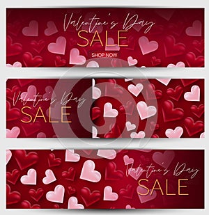 Valentines Day sale banner or header set. Background with 3d pink and red hearts.