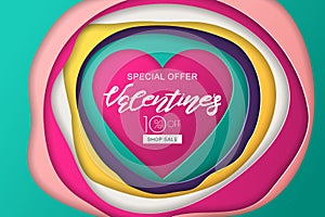 Valentines day sale banner. Heart and 3d multicolor paper cut shapes. Carving art concept for flyer, party invitation.