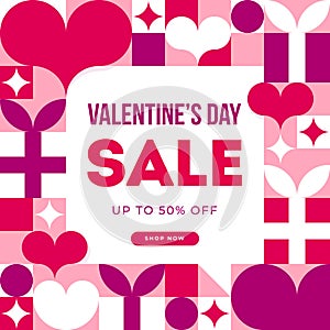 Valentines day sale banner with hearts, gifts and discount offer. Valentines Day sale background. Vector illustration.